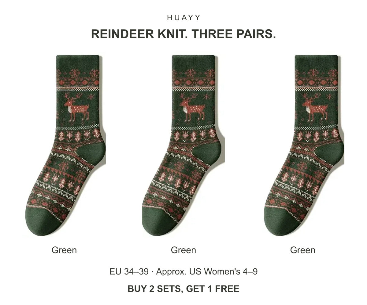 Women's reindeer cotton crew socks — Green × 3 Pairs