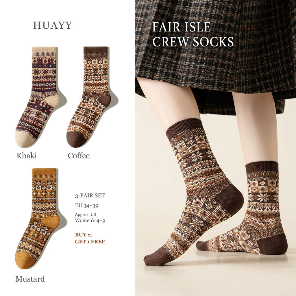 SKU Portrait 6302171799997 — Khaki + Coffee + Mustard Fair Isle socks, 3-pair set