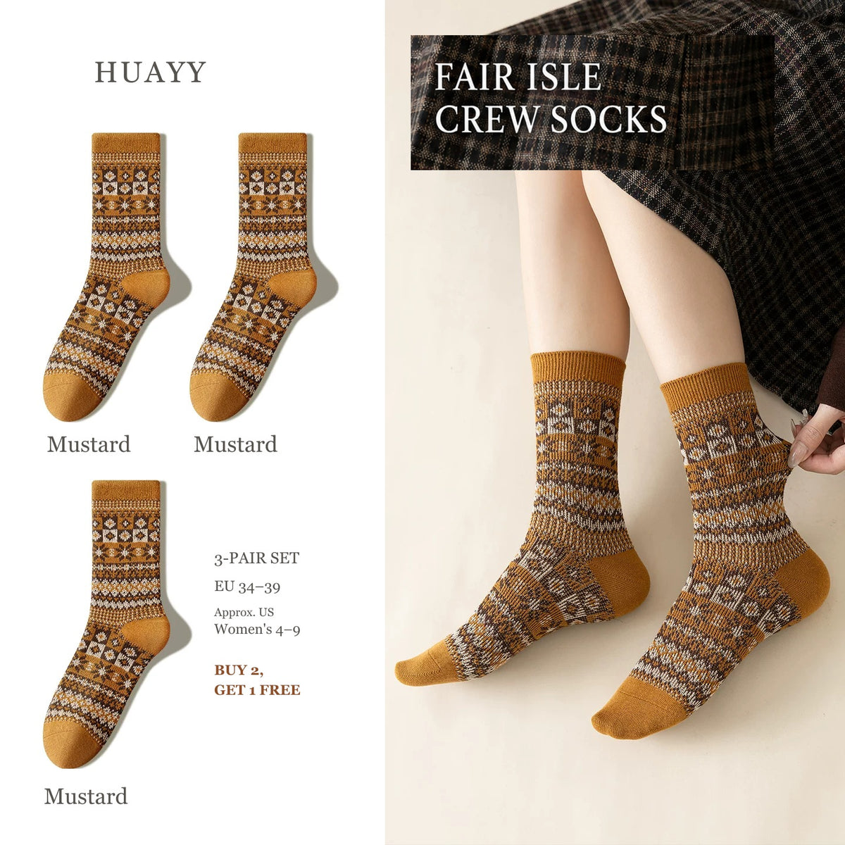 SKU Portrait 6302172439001 — Mustard — 3 Pairs Fair Isle socks, 3-pair set