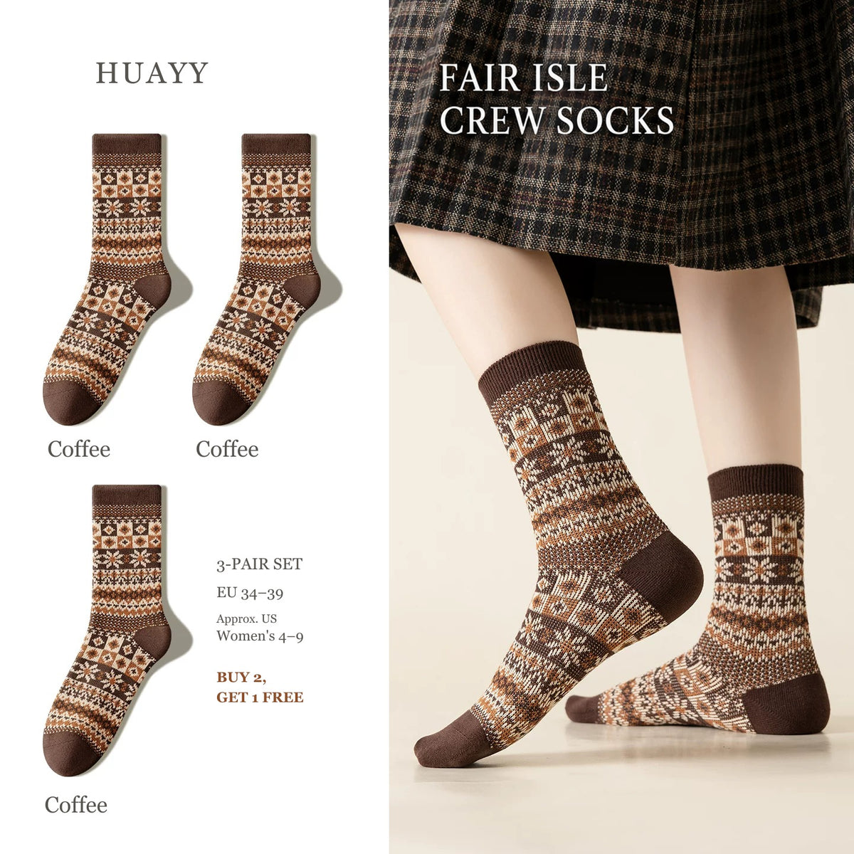 SKU Portrait 6302172439002 — Coffee — 3 Pairs Fair Isle socks, 3-pair set