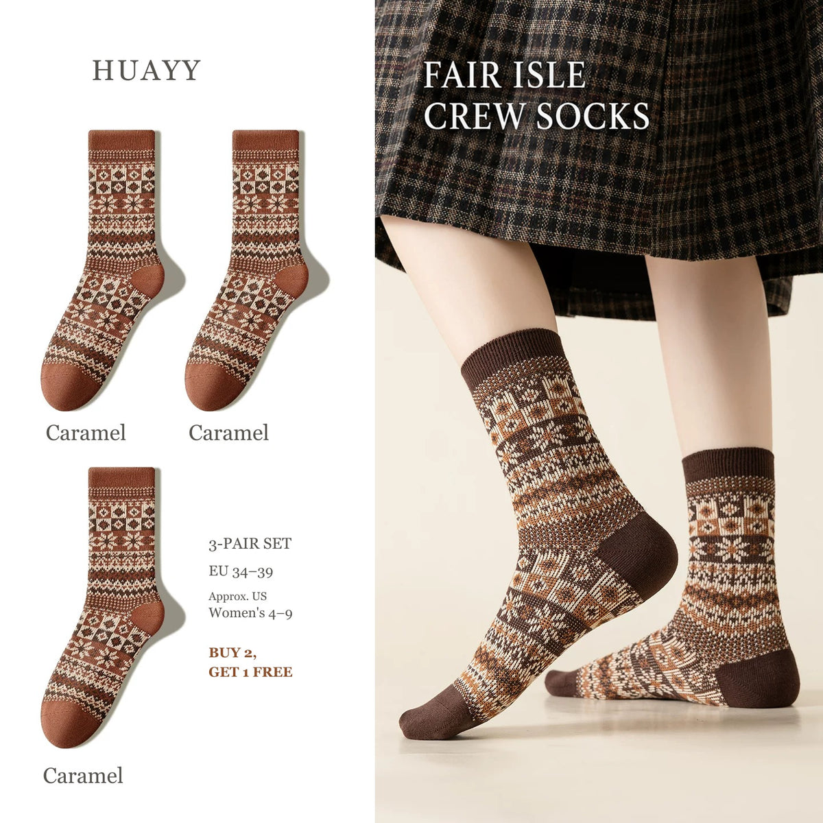 SKU Portrait 6302172439003 — Caramel — 3 Pairs Fair Isle socks, 3-pair set