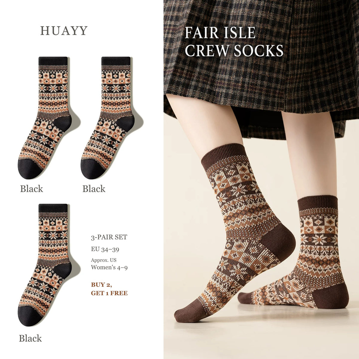 SKU Portrait 6302172439004 — Black — 3 Pairs Fair Isle socks, 3-pair set