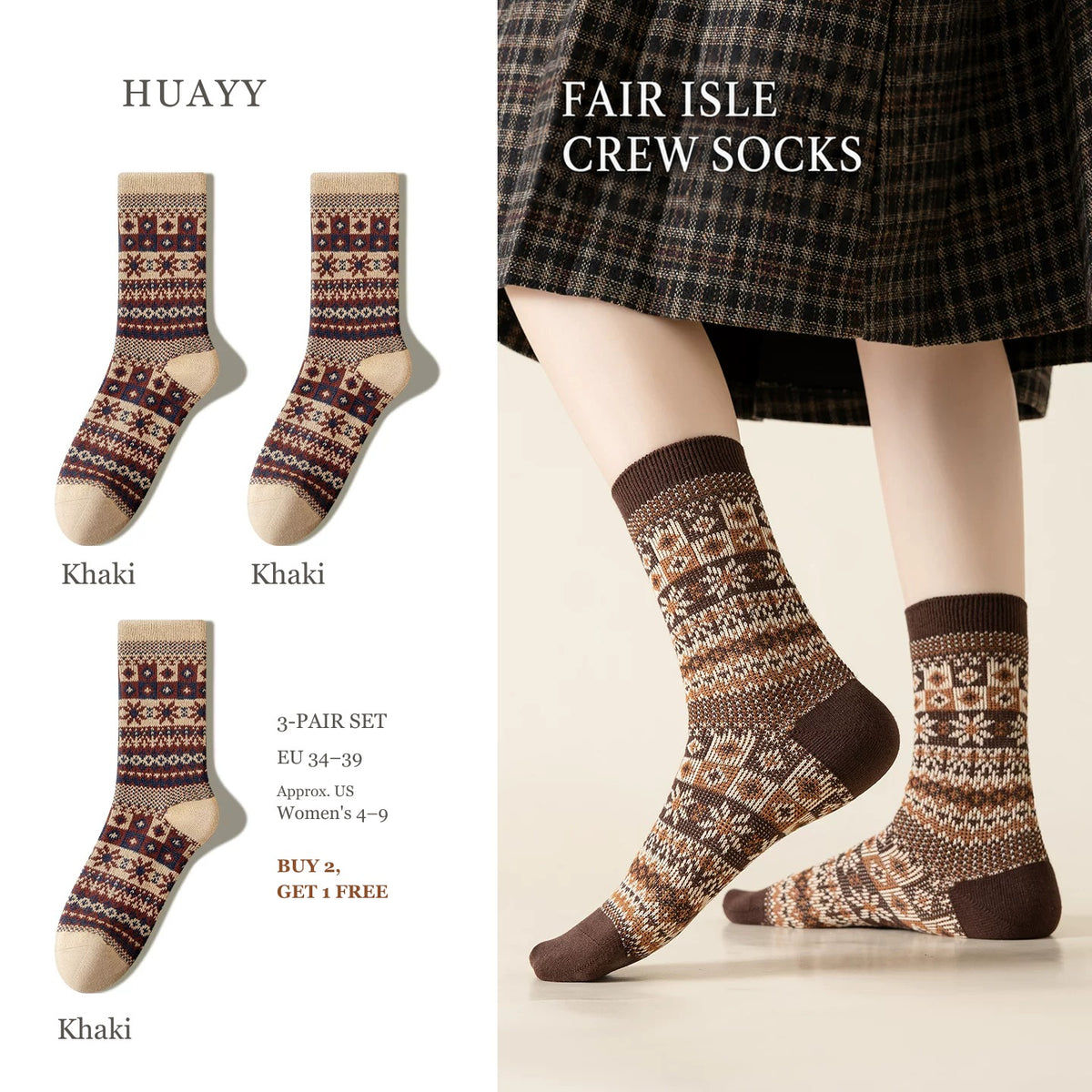 SKU Portrait 6302172439005 — Khaki — 3 Pairs Fair Isle socks, 3-pair set