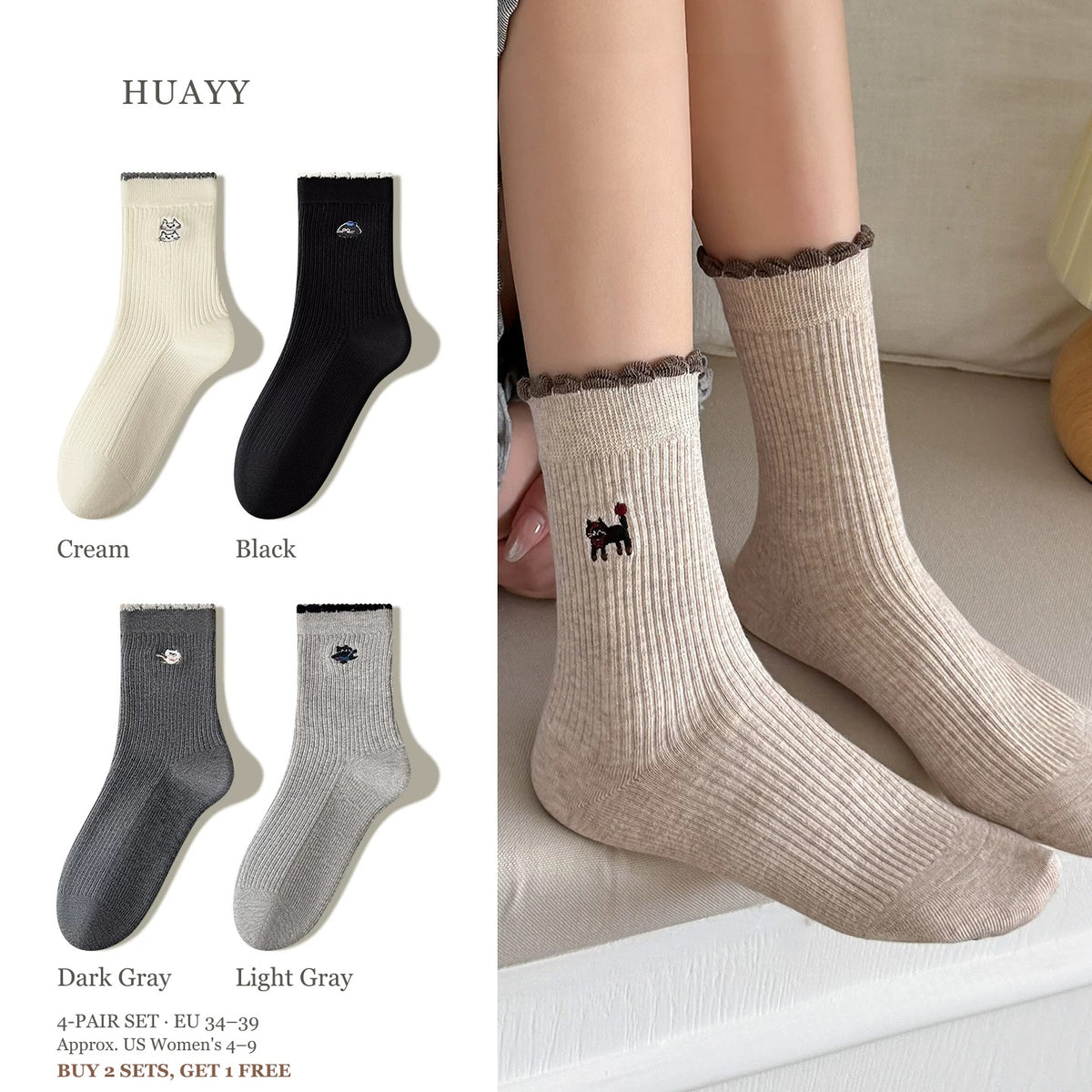 SKU Portrait 6142872917835 4-pair color set scalloped embroidered socks