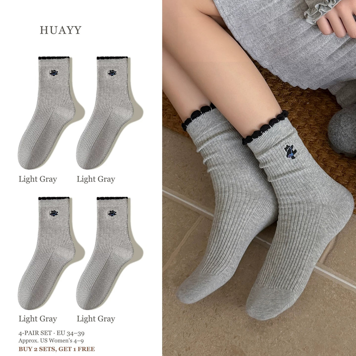 SKU Portrait 6142872917841 4-pair color set scalloped embroidered socks