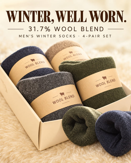 Main Portrait 1 — Men’s 31.7% wool-blend winter socks with terry-loop interior, four-pair set
