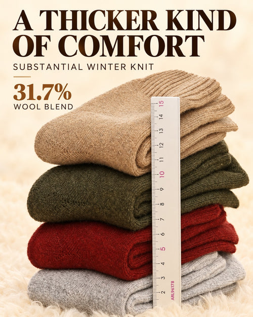 Main Portrait 2 — Four folded winter socks showing substantial wool-blend knit beside a ruler