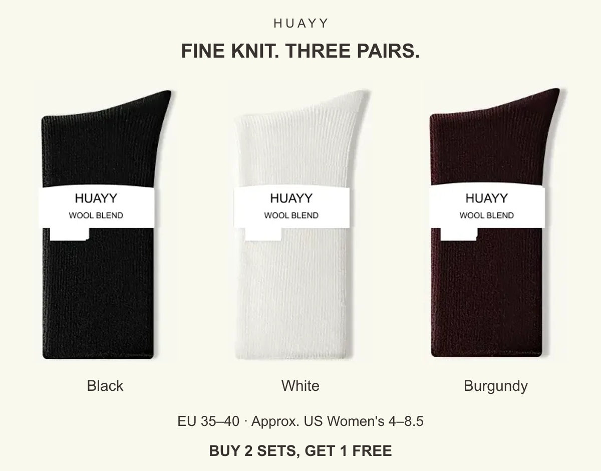 SKU 6281708259371 — Black + White + Burgundy — 3 pairs, EU 35–40, Approx. US Women's 4–8.5