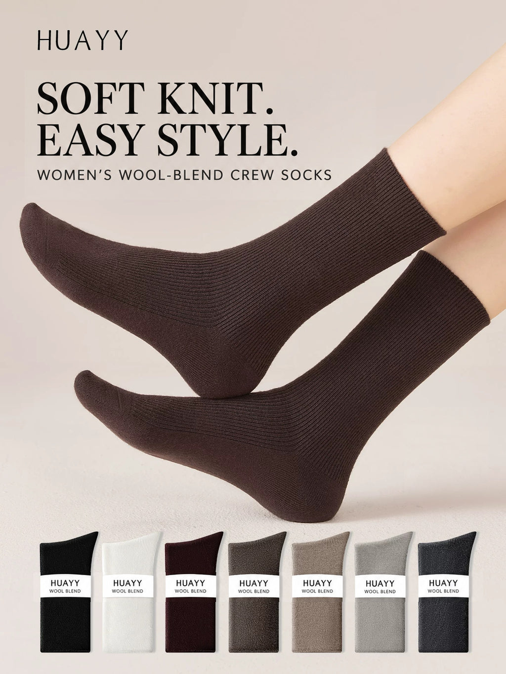 Women's fine-knit wool-blend crew socks in coffee with seven colors
