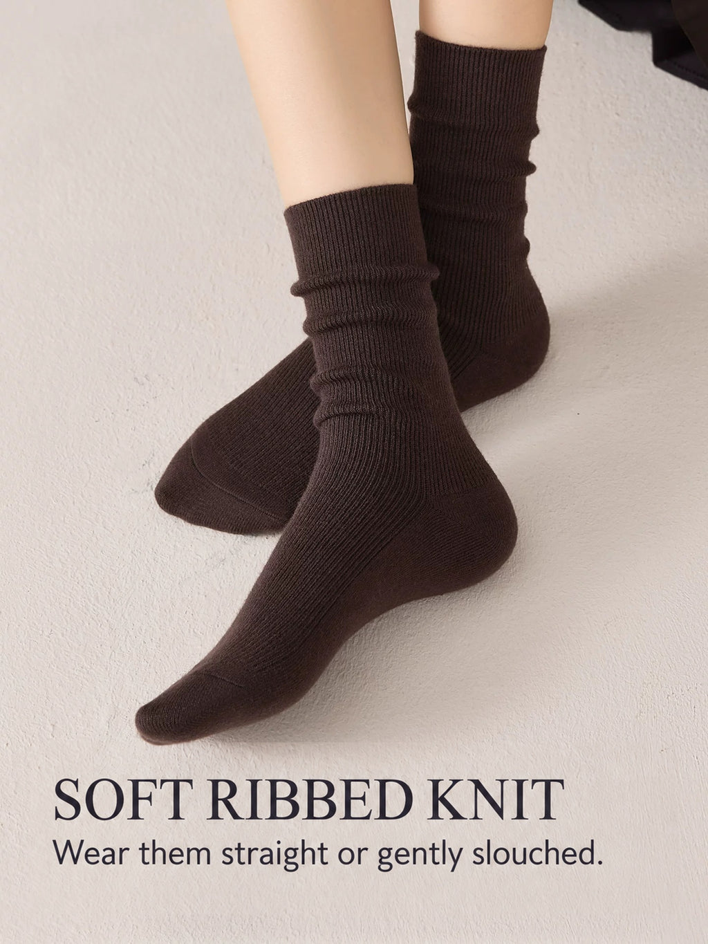Coffee ribbed crew socks worn gently slouched