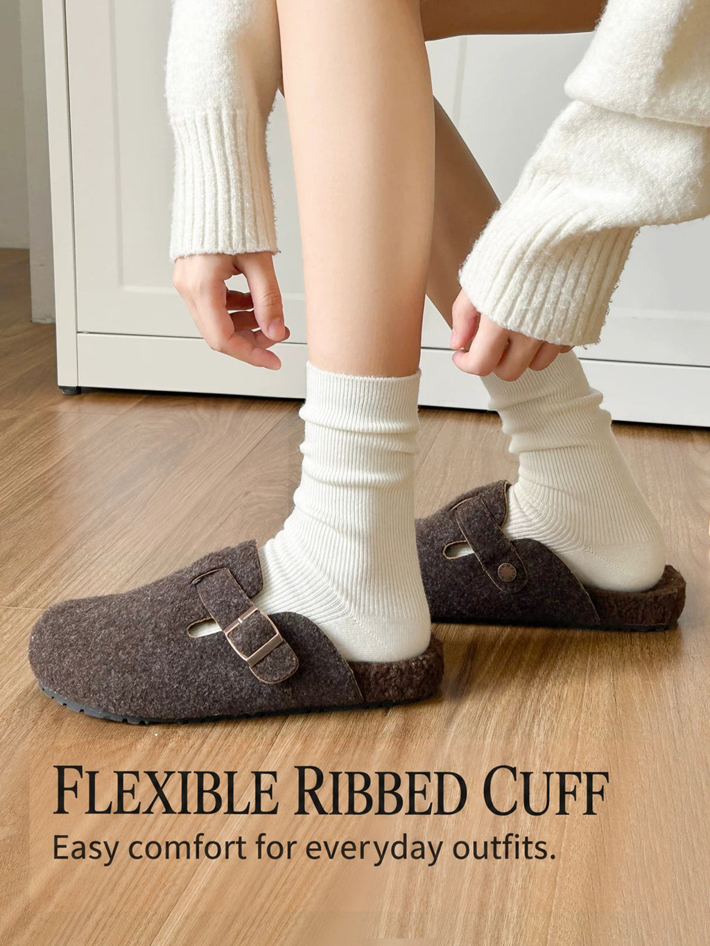 White ribbed crew socks styled with casual clogs