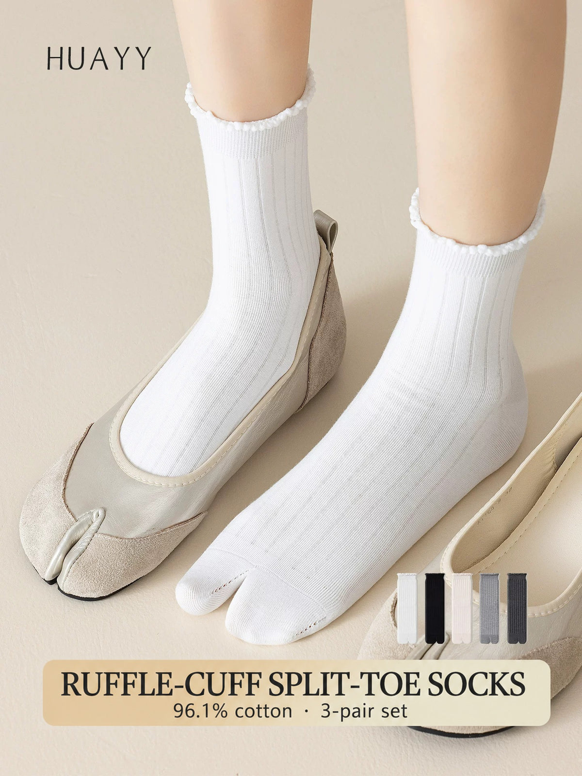 Women's ruffle-cuff split-toe cotton socks g1